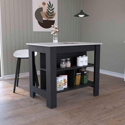 Kitchen Island Dozza with Three Shelves Black and Ibiza Marble Finish | Three storage shelves with varying dimensions for organized kitchen storage