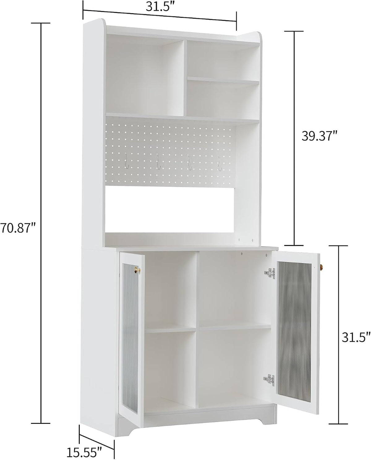 71" Tall Pantry Cabinet with 2 Glass Doors, Freestanding Kitchen Storage Cabinet with Open Storage & Adjustable Shelves, Modern Farmhouse Cupboard Coffee Bar for Dining Room, Living Room, White