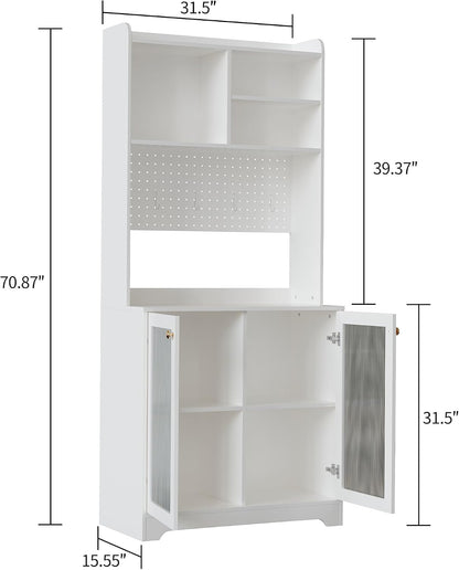 71" Tall Pantry Cabinet with 2 Glass Doors, Freestanding Kitchen Storage Cabinet with Open Storage & Adjustable Shelves, Modern Farmhouse Cupboard Coffee Bar for Dining Room, Living Room, White