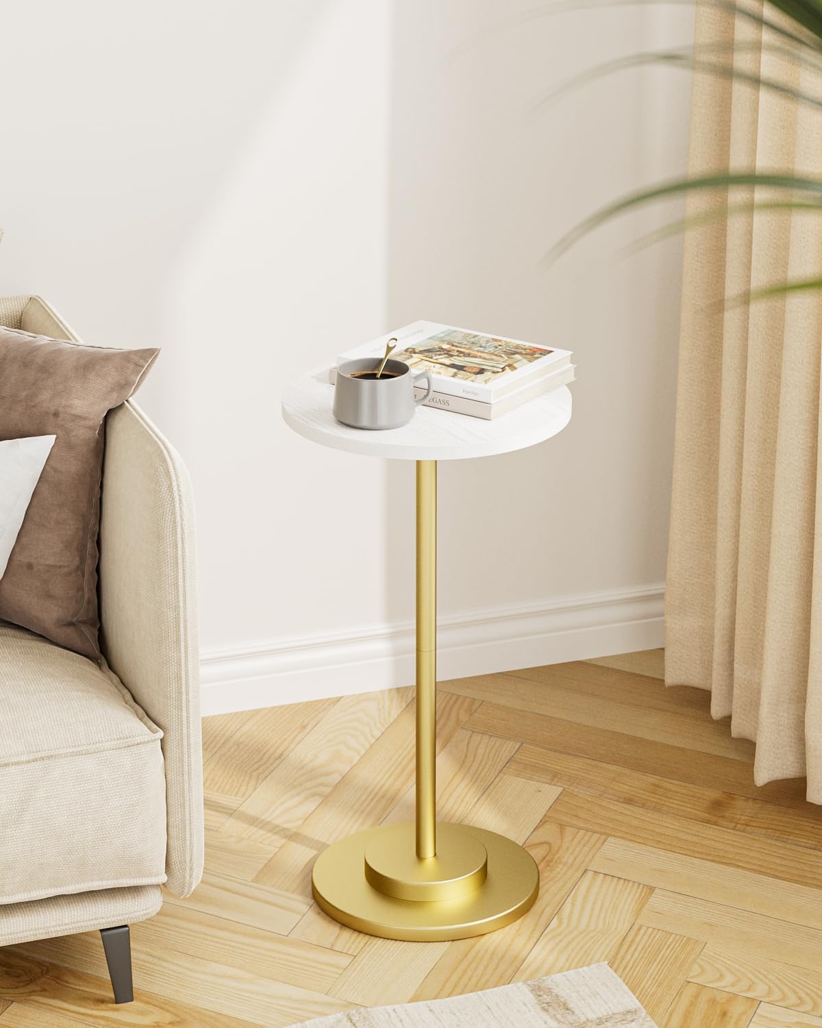 Masupu Drink Table, Round Side Table for Small Spaces, Pedestal Side Table, Small End Table with Metal Base, for Living Room, Bedroom, Bathroom, White Gold