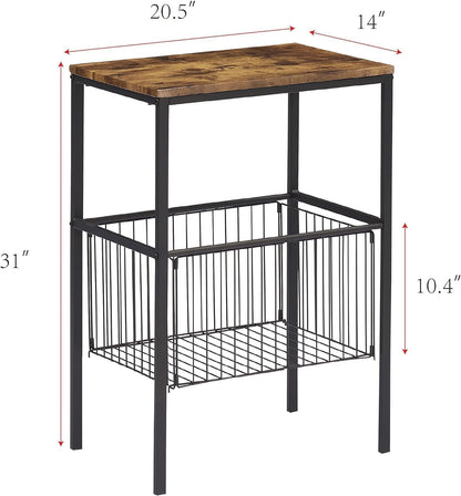 VECELO Tall End Table with Metal Basket,Nightstand with Shelf Storage Organizer, Wood Night Stand with Metal Frame, Waterproof for Bedroom, Living Room, Bathroom