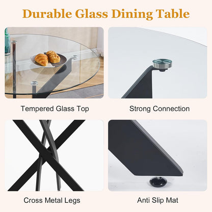 36" Round Glass Dining Table, Modern Kitchen Table with Clear Tempered Glass and Black Cross Metal Legs for Apartment, Small Spaces, Living Room