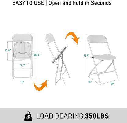 100 Pack White Plastic Folding Chairs,Steel Frame,350lb | HDPE plastic and steel frames;foldable,stackable chairs for indoor and outdoor weddings,parties,offices and events.