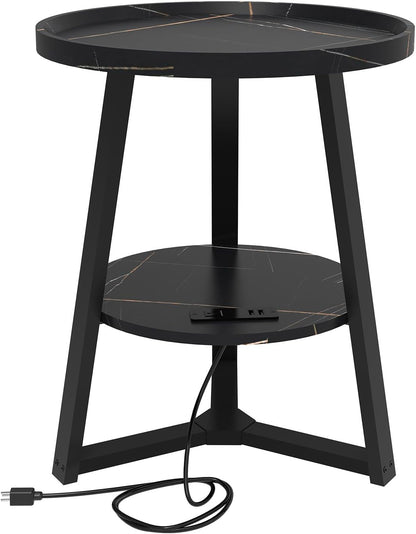KJGKK Round End Table with Charging Station, 19.7" Dia x 23.63" H, Side Table with Storage Shelf, for Living Room, Bedroom, Faux Marble Top, Black