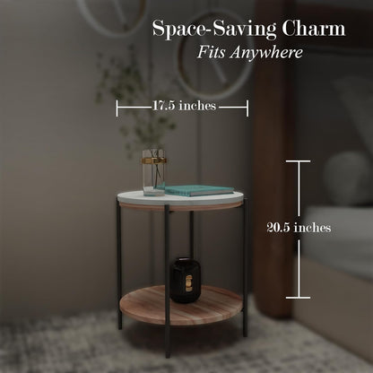 Lyra Round Marble End Table – Solid Acacia Wood Shelf, Open Storage Side Table for Living Room, Bedroom, Entryway, Small Spaces – Nightstand, Plant Stand, Modern Accent Table with Metal Frame