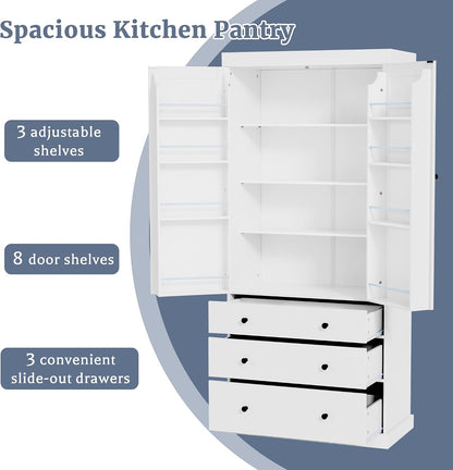 Merax 77” Pantry Cabinet, Kitchen Pantry Storage Cabinet with Drawers, Doors and Adjustable Shelves,Freestanding Buffet Cupboards Sideboard for Living Room and Dinning Room, White