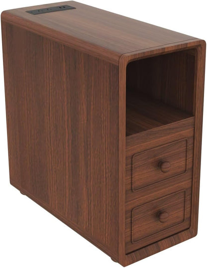 JIJIWANG Tall End Table with Drawers, 47.2" Corner Shelf Table with Open Storage, Narrow Side Table for Bedroom Living Room Small Space, Walnut