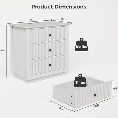 24" Wide Nightstand with Charging Station, Modern Fluted Bedroom Nightstand with Drawers, Wood Night Stand with Storage and Outlet, Large Bedside Table for Bedroom, White