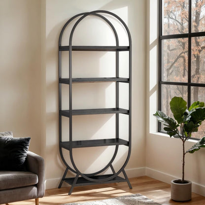 Arched Bookshelf,5-Tier Tall Wide Open Bookshelf,Modern Brown Storage Bookshelves, Freestanding Display Rack Shelving Unit for Office, Bedroom, Living Room, Easy Assembly, Black