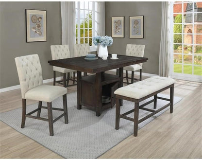 MAKLAINE Upholstered Counter Height Dining Bench, Beige Linen Fabric, Tufted Seat, Rustic Dark Oak Wood Base, 48" L x 16" W x 24" H, Sturdy Kitchen Seating for 2 People
