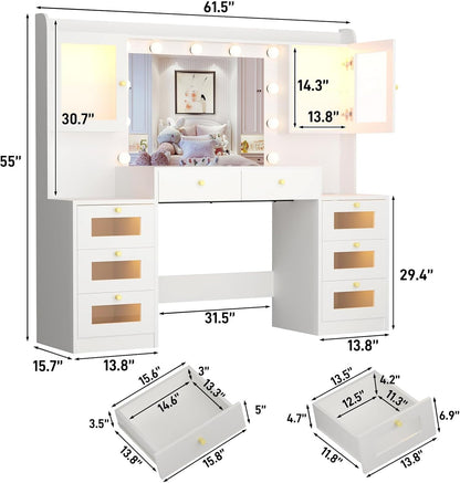 62 Inch Large Makeup Vanity Desk with Mirror and Lights 3 Color Lighting, Glass Top Vanity Table with Power Outlet and RGB Glass Cabinet, 8 Drawers Dressing Table for Bedroom and Dressing Room, White