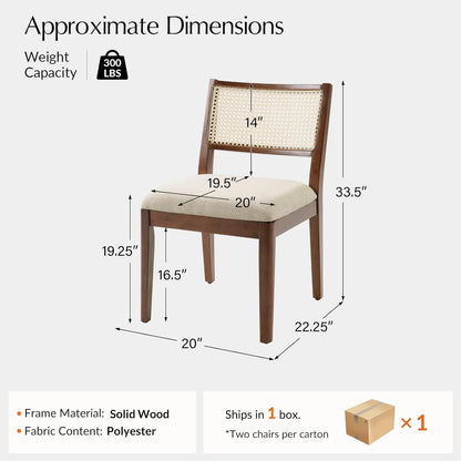 HULALA HOME Rattan Dining Chairs Set of 2, French Solid Wood Kitchen Dining Room Chairs with Curved Back, Upholstered Accent Dinner Cane Chair for Living Room Restaurant, Walnut