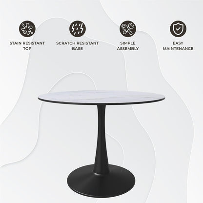 LeisureMod Bristol 40" Round Dining Table, Modern MDF Wood in Black Metal Pedestal Base Accent Table Mid-Century Café Table, Kitchen Dining Room Furniture, Marbled White
