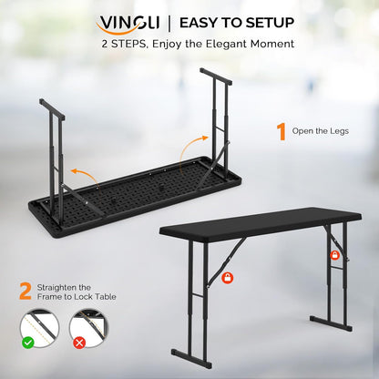 VINGLI 4 FT Narrow Folding Table,Premium Quality HDPE Material and Sturdy Metal Frame, Perfect for Buffet, Seminar, Party, Training, Home Work, Black