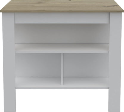 Kitchen Island with Three Shelves and Four Legs - Light Oak/White | Three-tiered design with light oak and white finish