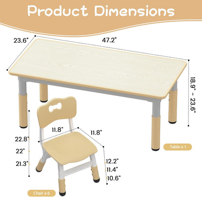 Kids Table and 6 Chairs Set, Height Adjustable Toddler Table and Chairs Set | Graffiti Desktop, Non-Slip Legs, Children Activity Table for for Ages 2-10 Daycare Classroom Home Preschool, Natural