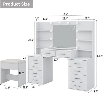 Yanosaku 55'' W Makeup Vanity with Mirror & Lights, 10 Drawers Vanity Desk with Charging Station, 6 Open Shelves, 3 Lighting Modes Brightness Adjustable, Glass Top Vanity with Chair for Bedroom, White