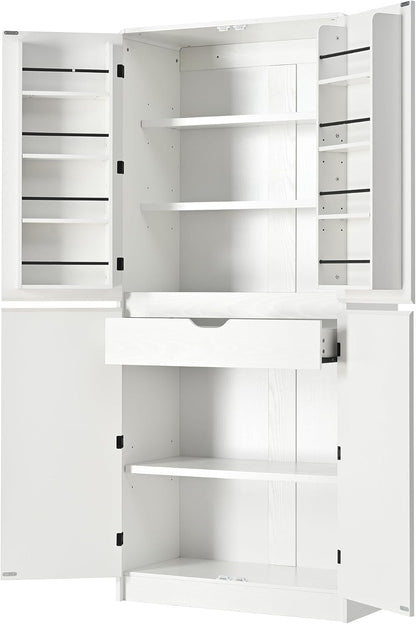 72 Inch Farmhouse Kitchen Pantry Cabinet with Unique Curved Design, 4-Door Storage with 8 Adjustable Door Shelves, 3 Adjustable Shelves & Hidden Drawer, Freestanding (Curved Design + White)
