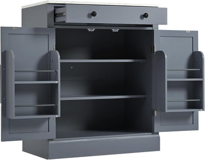 Modern Freestanding Kitchen Pantry & Buffet Food Storage Cabinet with Drawer, 2 Adjustable Shelves, 2 Door Shelves, Faux Marble Countertop - Ideal for Dining, Kitchen, and Coffee Bar (Gray)