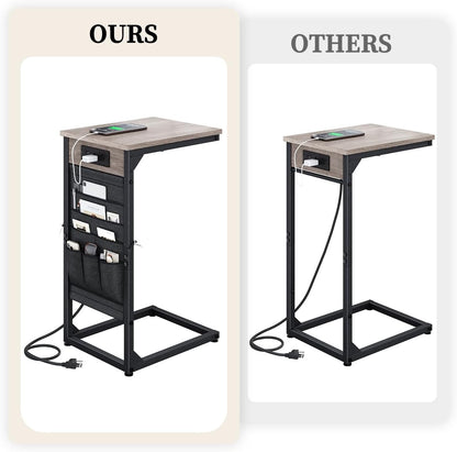 C-Shaped End Table with Fast-Charging Station, Small Couch Side Table with Storage Bag, Sofa TV Tray Table for Living Room, Bedroom, Bedside ET-GY-1