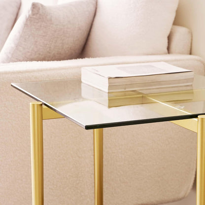 LumFurn Glass End Table, Mid-Century Modern Design Sofa Table, for Living Room, 2-Tier Structure, Clear Glass Top and Walnut MDF Shelf, Sleek Conical Metal Legs with Gold Finish Frame