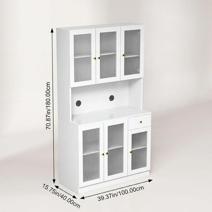71" Kitchen Pantry Cabinet with Storage, Tall Kitchen Pantry Cabinet with Countertop Soft Close Glass Doors, Tall Kitchen Hutch Cabinet with Drawer & Adjustble Shelves for Kitchen White