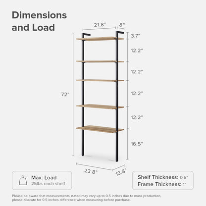 mopio Norwin Ladder Book Shelf, Wall-Mount Storage Rack, Wall Bookshelf, Farmhouse Industrial Bookcase, Narrow Slim Organizer, Steel Frame Display Shelves, Living Room, Bedroom (5-Tier Shelf Double)