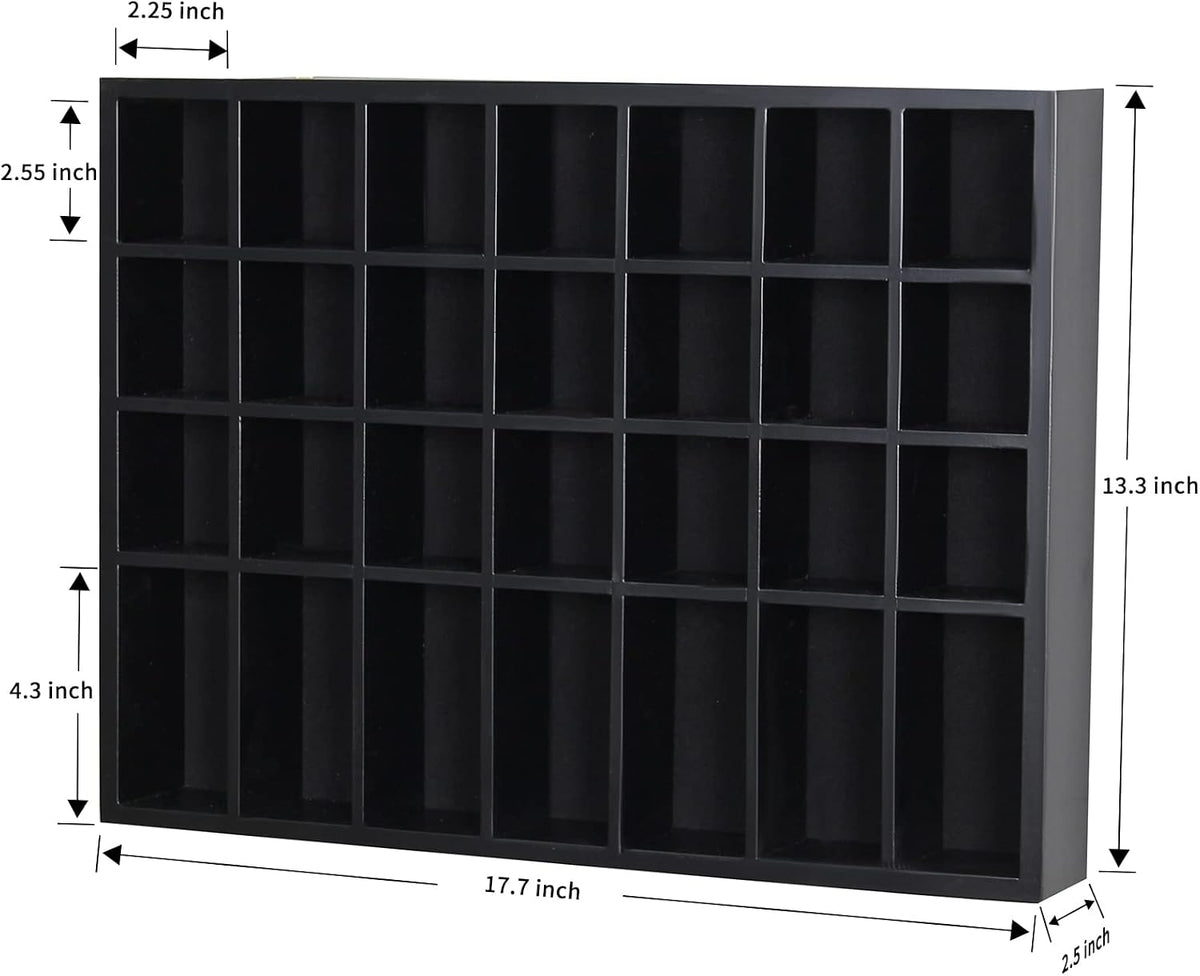 Black Shot Glass Display Case 18" x13" Solid Wood Wall Mounted Collection Cabinet 28 Slots Small Curio Cabinet Rack (No Door)