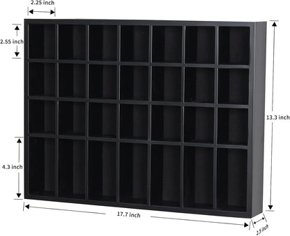 Black Shot Glass Display Case 18" x13" Solid Wood Wall Mounted Collection Cabinet 28 Slots Small Curio Cabinet Rack (No Door)