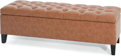 PU Storage Ottoman Bench - Leather Storage Bench End of Bed with Safety Hinges, Tufted Ottoman for Living, Dining Room, Entryway and Hallway, Brown