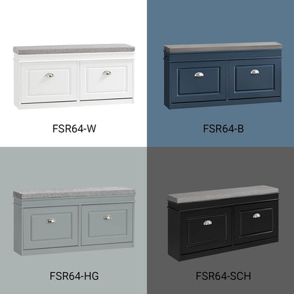 Haotian Shoe Storage Bench Entryway, Shoe Cabinet Bench with 2 Flip Drawers & Cushion, Modern Design Shoe Organizer for Hallway, Navy Blue FSR64-B