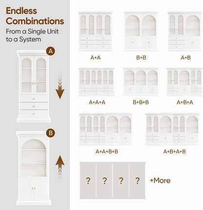 71" Arched Kitchen Cabinet, Double Glass Door Display and Storage Cabinets with Drawers, Modern Pantry for Dining Room and Living Room, White with Gold Handles, 2 of Set