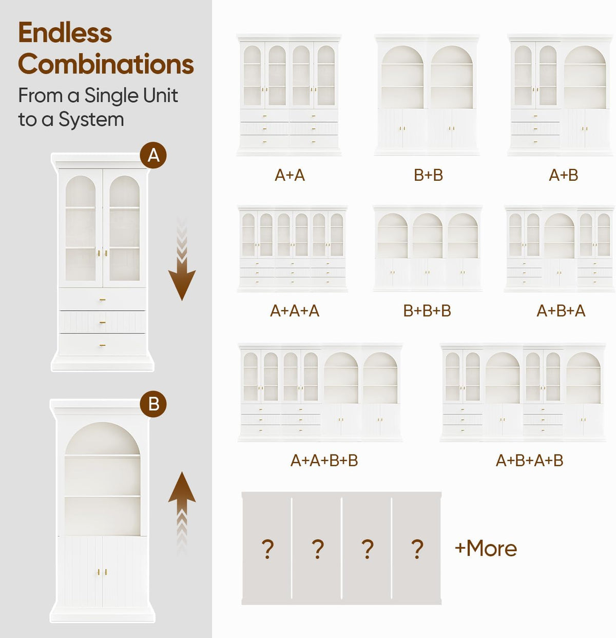ivaniti 71" Arched Kitchen Pantry Cabinet, Tall Display Modern Storage Combination for Living Room and Dining Room with Dual Glass Door and Open Shelf Cabinets, White with Gold Handles, 3 of Set
