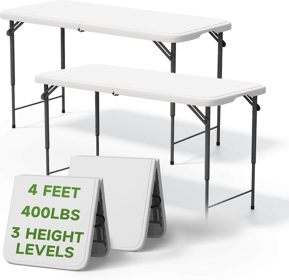 Folding Table 4 Foot - 3-Position Adjustable Height, Heavy Duty 400 lbs Capacity - Portable Tables Folding for Camping, Party, Indoor & Outdoor Use, 2 Pack