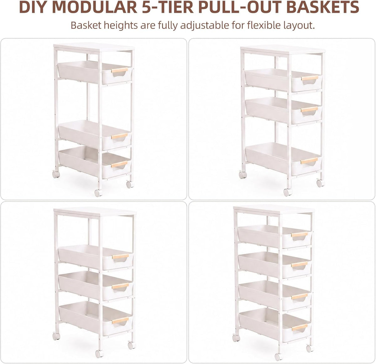 5 Tier Slim Rolling Storage Cart with Pull-Out Drawers,Narrow Utility Organizer Cart with Wooden Top & Wheels for Small Spaces Kitchen Bathroom Laundry Room (White)