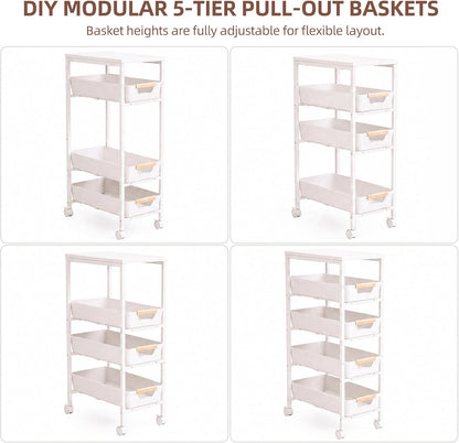 5 Tier Slim Rolling Storage Cart with Pull-Out Drawers,Narrow Utility Organizer Cart with Wooden Top & Wheels for Small Spaces Kitchen Bathroom Laundry Room (White)