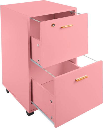 Lavish Home 2-Drawer Wooden File Cabinet with Lock, Pink, 16” x 27” | Rolling Filing Organizer with Deep Drawer Storage for Under the Desk, Home, or Office