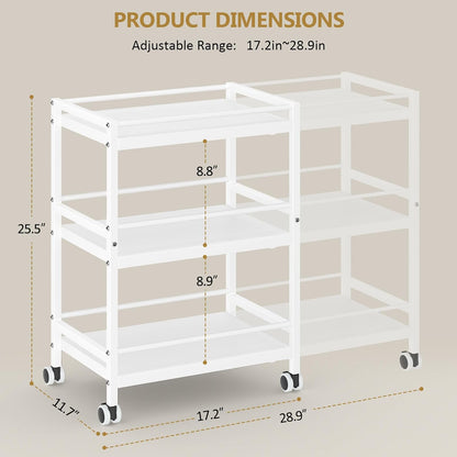 3-Tier Expandable Rolling Pantry Organizers and Storage Cart with Wheels, Adjustable Pantry Floor Organizer, Snack Cart for Pantry, Kitchen Storage Cart with 4 Hooks for Snack, Food, Vegetables, White