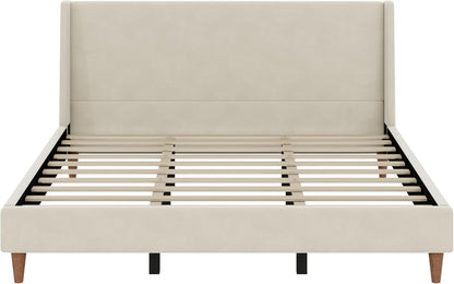 Merax King Size Velvet Bed Frame with Wingback Headboard, Upholstered Platform Bedframe with Solid Wooden Leg, Wood Slats for Bedroom, No Box Spring Needed, Easy Assembly, Modern Luxury Style, Beige