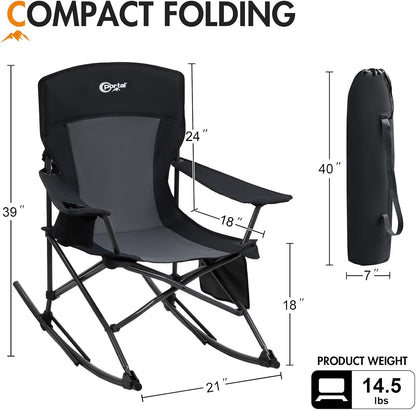 Portal Outdoor Rocking Chair Camping Folding Portable Rocker with Cup Holder Side Pocket Carry Bag, Support 350LBS (Black)