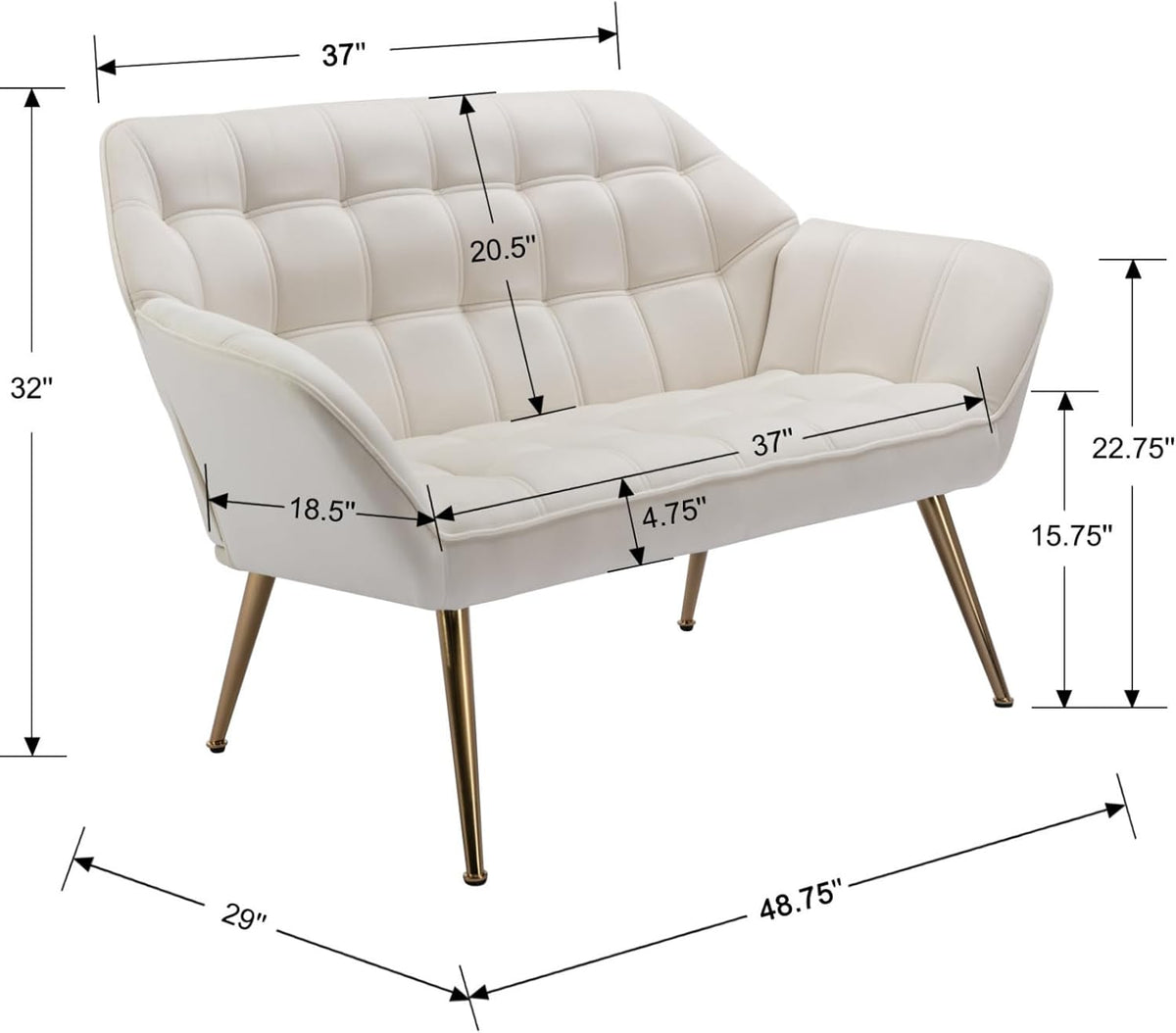 48”Small Loveseat Sofa, Modern Velvet Upholstered Mini Couch 2-Seater Fluffy Love Seat with Quilting Backs and Metal Legs for Small Space Living Room, Bedroom, Beige