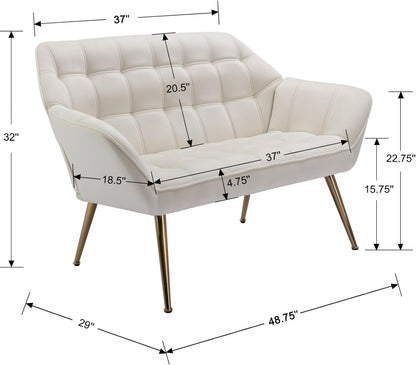 48”Small Loveseat Sofa, Modern Velvet Upholstered Mini Couch 2-Seater Fluffy Love Seat with Quilting Backs and Metal Legs for Small Space Living Room, Bedroom, Beige