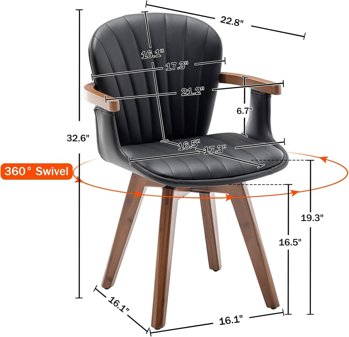 LUNLING Swivel Dining Chairs Set of 4, Mid Century Modern Black Faux Leather Kitchen Chairs with Arms,Bamboo Legs Side Chairs No Wheels,Accent Chair for Dining Rooms and Offices