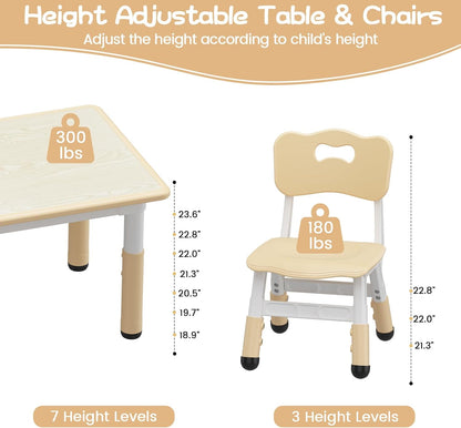 Kids Table and 6 Chairs Set, Adjustable Study Activity Table Ages 2-10