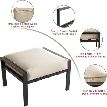 Patio Ottoman Metal Footstool with Soft Thick Cushion Small Seat Outdoor Furniture for Garden Yard Deck, Beige