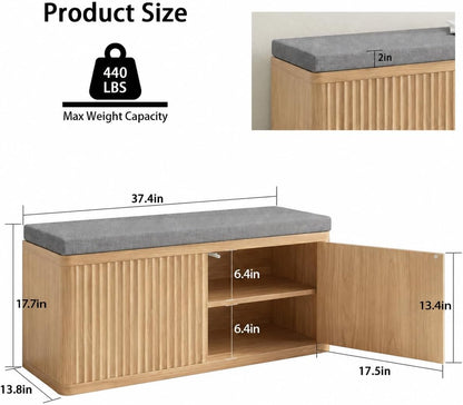Entryway Shoe Storage Bench with 2" Cushion, 37.4" Small Bench with Shoe Rack, Cabinet Organizer for Hallway，Bedroom End of Bed (Light Oak)