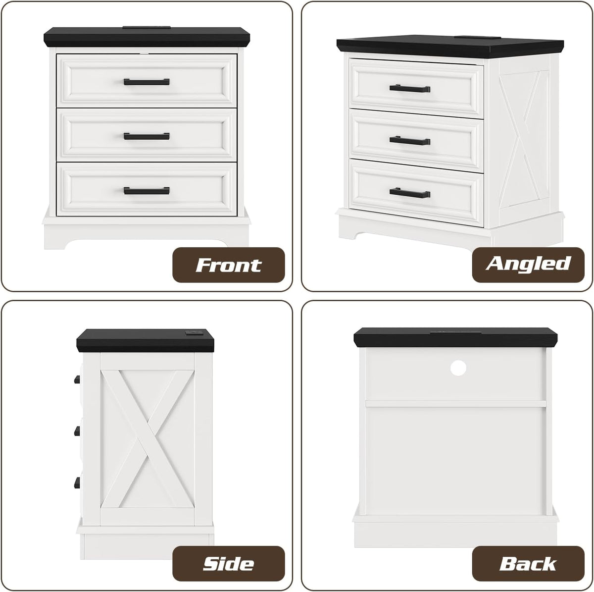 knoworld 24 Inch Wide Farmhouse Nightstands Set of 2 with Charging Station, White Nightstand with 3 Large Drawers, Rustic Wood End Table for Bedroom
