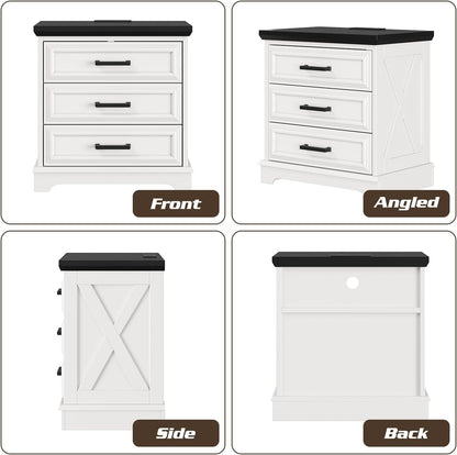 knoworld 24 Inch Wide Farmhouse Nightstands Set of 2 with Charging Station, White Nightstand with 3 Large Drawers, Rustic Wood End Table for Bedroom