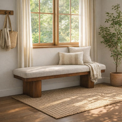 Christopher Knight Home 55" Chenille Upholstered Bench with Solid Rubber Wood Legs, Modern Farmhouse Bedroom Bench, Padded Entryway Bench Seat, Dining Bench for Living Room End of Bed, Light Brown