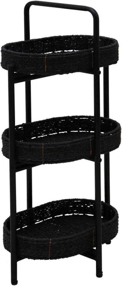 3 Tier Handwoven Oval Side Table Storage Basket with Detachable Trays | Woven Paper Rope Organizer for Living Room Bedroom Kitchen | Sturdy Metal Frame Tiered Shelf for Home Decor (Black)